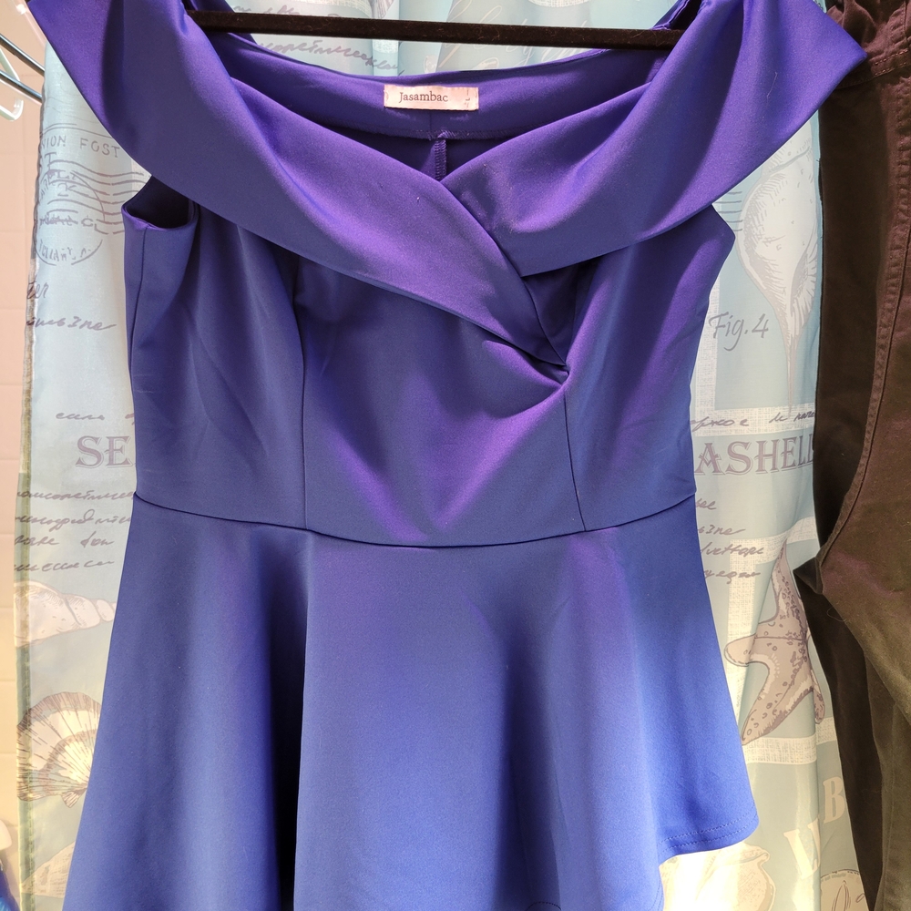 Jasambac Women's Blue Off The Shoulder Asymmetrical Blouse (Large)